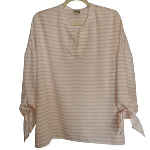 Anne Klein Split Neck 3/4 Sleeve Pink & White Striped Relaxed Fit Blouse - Sz L